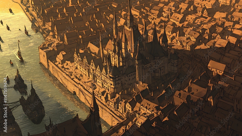 Naklejka premium Aerial view of a medieval city by a river. Concept of fantasy, history, and architecture.