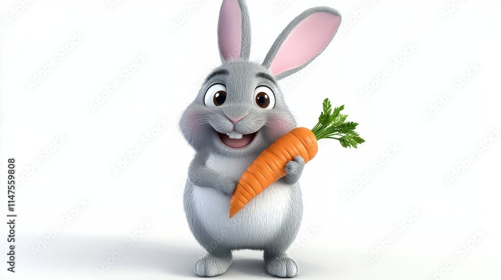Cheerful cartoon rabbit holding a carrot on white background Cheerful cartoon rabbit holding a carrot on white background
