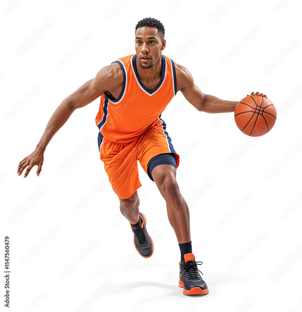 basketball player in orange jersey doing fast movement while dribbling a ball, isolated