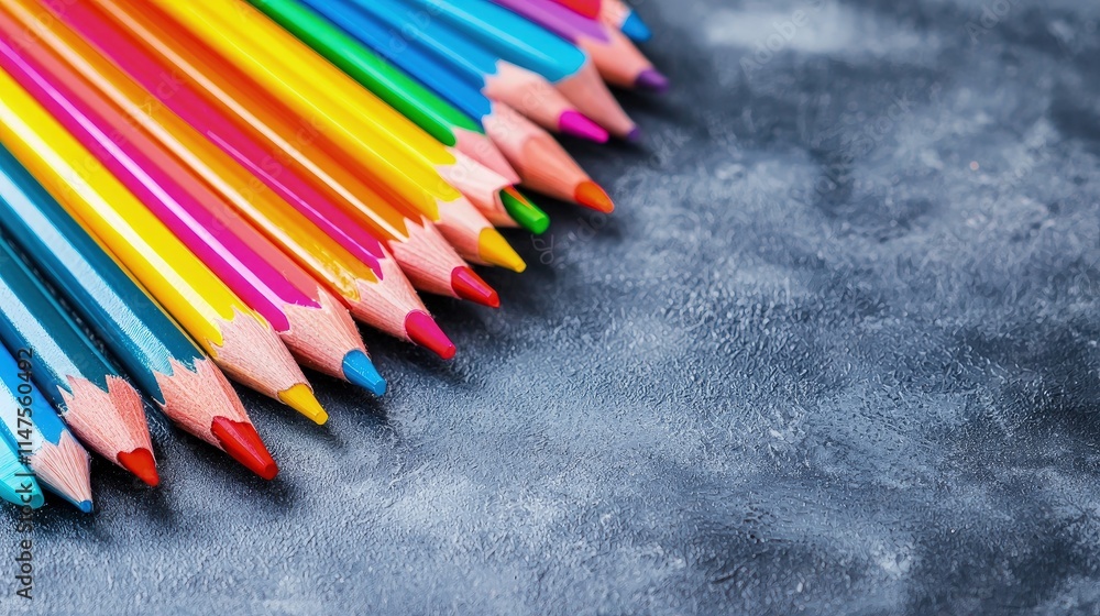 Colorful pencils arranged on a dark surface. Colorful pencils arranged on a dark surface.