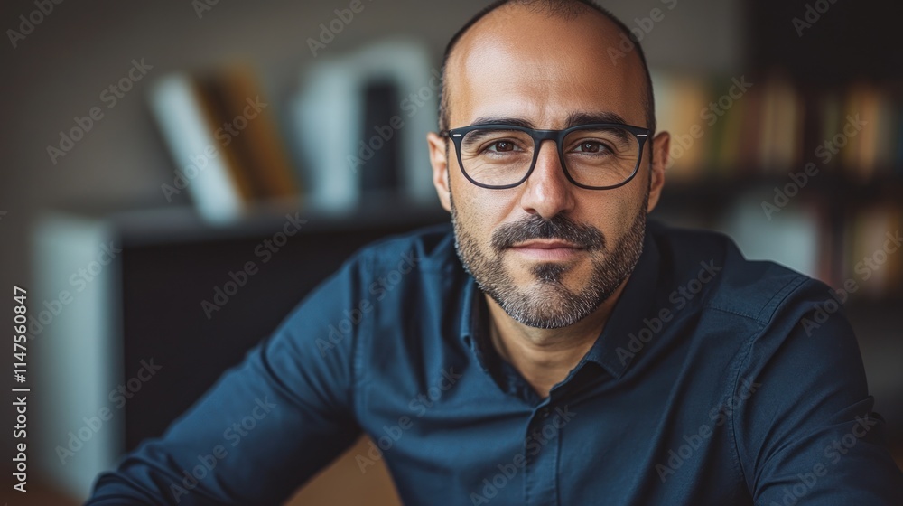 Confident bald man with glasses in office. Confident bald man with glasses in office.