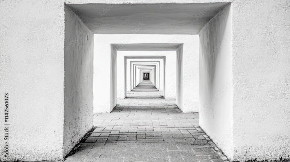 Obraz premium Monochrome perspective of a receding corridor with square openings.