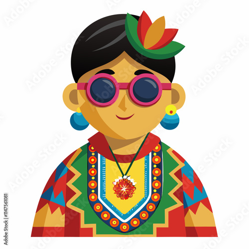 woman avatar in a Mexican huipil with vibrant embroidery and sunglasses.