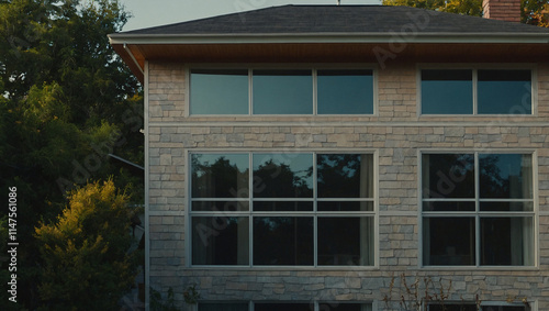 Wallpaper Mural A two-story stone house with large multi-paned windows dominates the image.  The house features a dark gray roof and light gray stone exterior.  Lush green trees are visible to the left. Torontodigital.ca