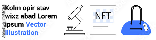 Microscope representing science, NFT document symbolizing digital art, and handbag for fashion, styled in modern flat design with blue highlights. Ideal for science, technology, digital art