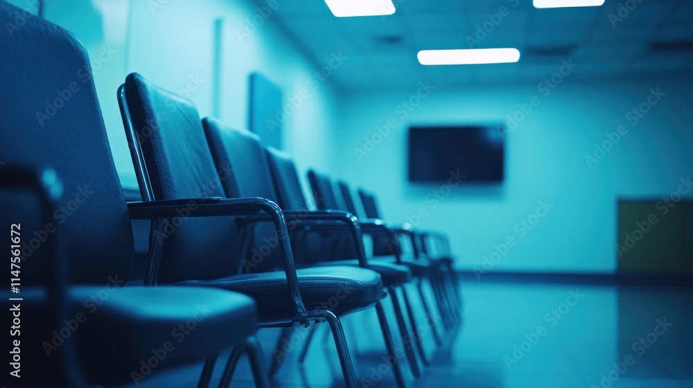 Empty chairs in a waiting room with a TV. Empty chairs in a waiting room with a TV.