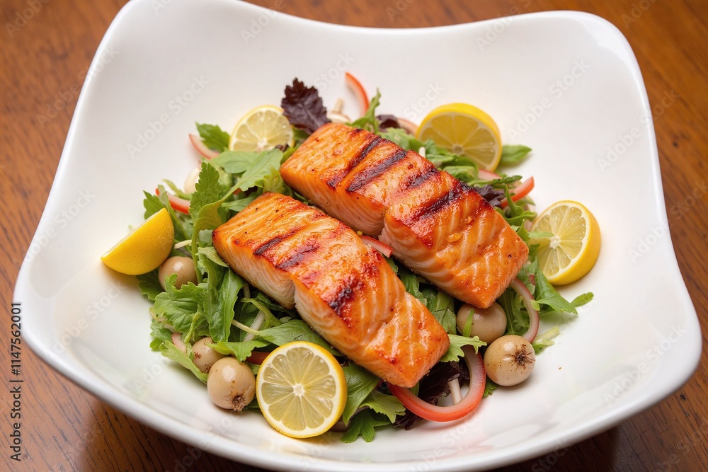 Salad with grilled salmon in white bowl Salad with grilled salmon in white bowl