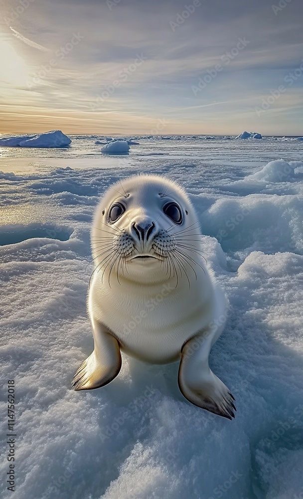 Naklejka premium A realistic photo of a seal pup taking a selfie on an ice floe, high-quality camera, with color grading and hyper-realism.