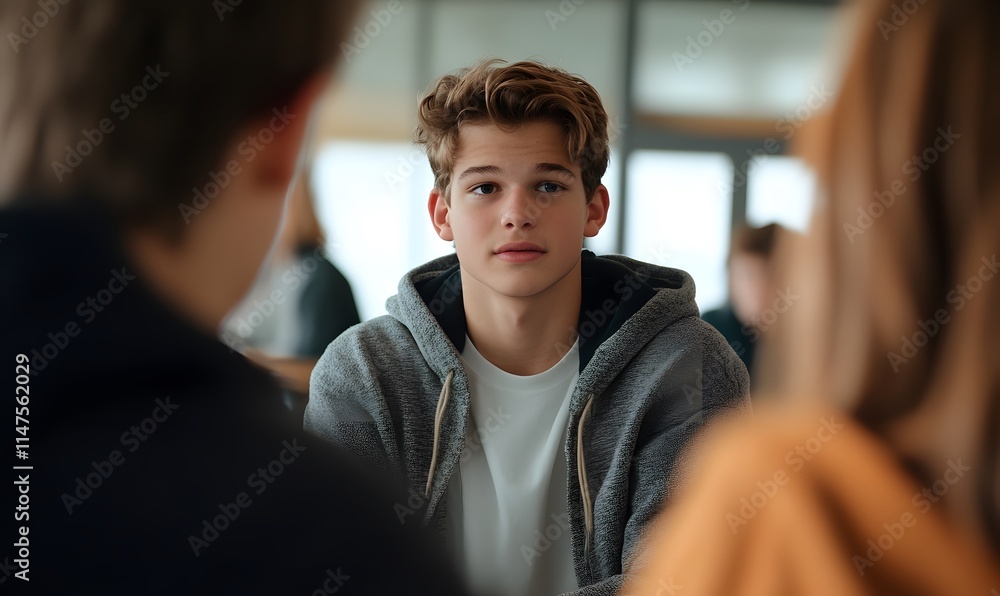 Fototapeta premium diplomatic young male mediating a conversation between friends in a modern classroom, Generative AI 