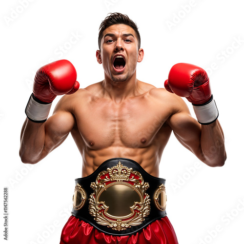 Excited male boxer wearing a championship belt after a win, isolated photo