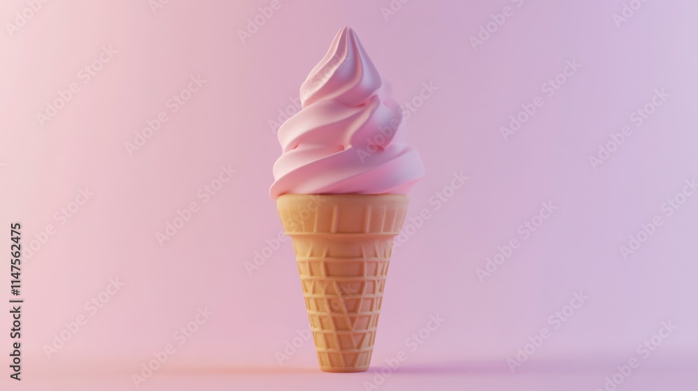 Single waffle cone with ice cream against a pale pastel background Single waffle cone with ice cream against a pale pastel background