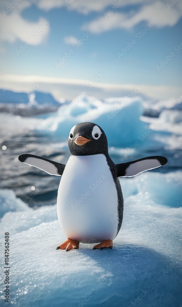 Obraz premium A realistic photo of a penguin taking a selfie on an ice floe with the ocean behind it, high-quality camera, with color grading and hyper-realism.