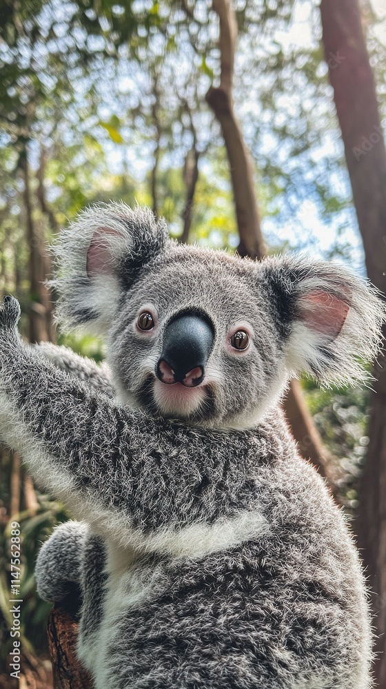 Obraz premium A realistic photo of a koala joey taking a selfie while holding onto its mother's back, high-quality camera, with color grading and hyper-realism.