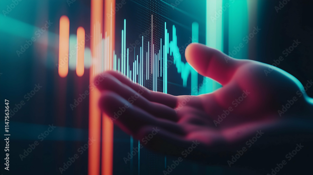 A hand reaching out towards vibrant, digital data visualizations, symbolizing technology, finance, and analytics. A hand reaching out towards vibrant, digital data visualizations, symbolizing technology, finance, and analytics.