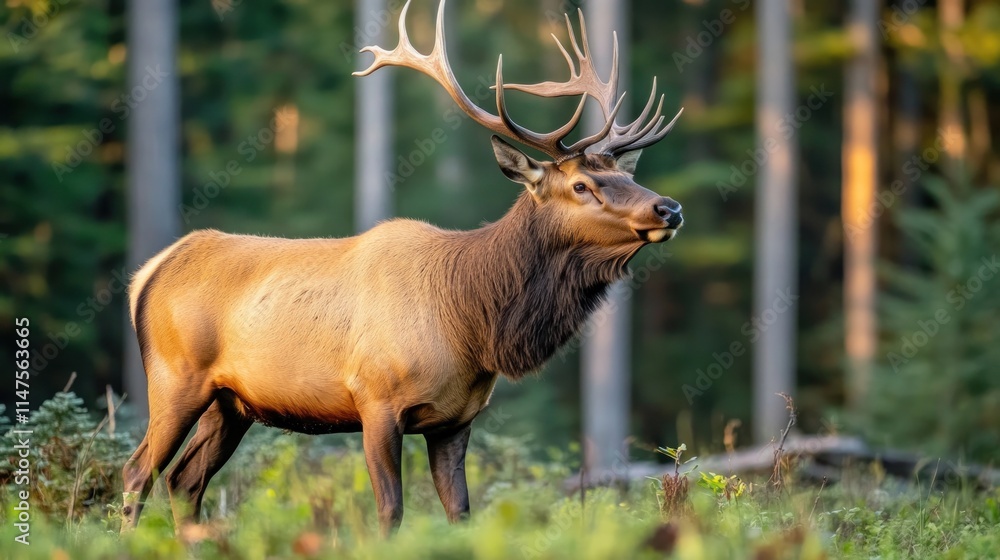 Fototapeta premium Majestic elk bull standing in a lush forest clearing at sunrise.