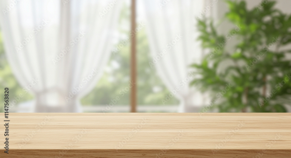 Warm wood table with blurred garden view, perfect for home decor inspiration Warm wood table with blurred garden view, perfect for home decor inspiration