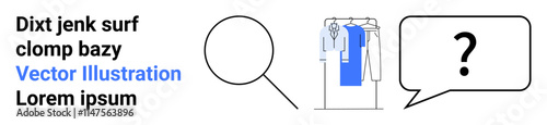 Magnifying glass searches wardrobe with hanging clothing and speech bubble with question mark. Ideal for e-commerce, fashion, mystery themes, search engines, detective novels, inquiry, online retail