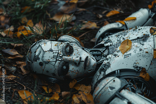 Damaged white cybernetic android lying among autumn leaves in a forest, dystopian sci-fi theme, cinematic photography photo