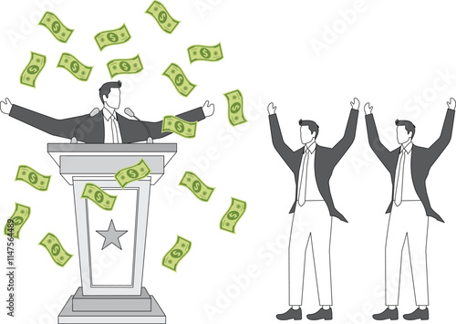 Politics and Money, Political Speeches, The Power of Money, Businessmen Standing on Speaker's Podiums Waving Their Arms and Drifting Down Money