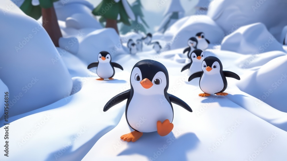 Obraz premium Playful Cartoon Penguins on a Snowy Path Through Winter Landscape