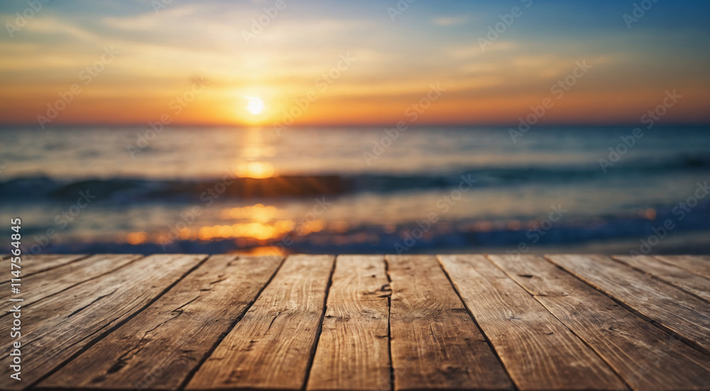 Beautiful sunset over ocean with wooden deck in the foreground Beautiful sunset over ocean with wooden deck in the foreground