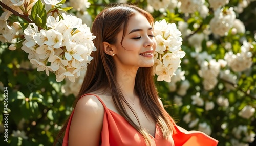 Serene Woman in Coral Dress Amidst Blooming White Flowers photo