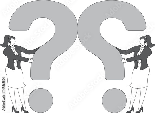 Two traders touching huge question marks, groping, contemplating, exploring, discovering, exploring the unknown or finding solutions