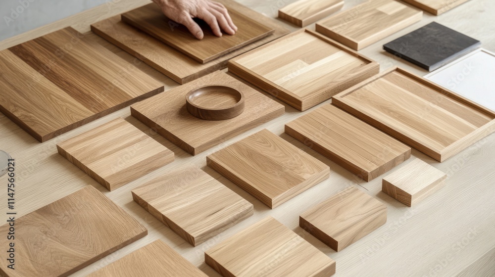 Wooden samples of various sizes and shapes arranged on a table. Wooden samples of various sizes and shapes arranged on a table.