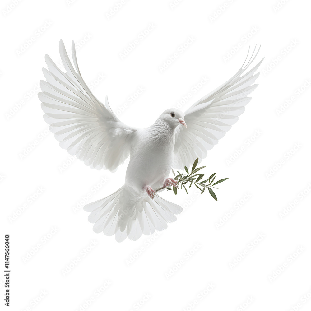 Fototapeta premium White dove in flight with olive branch transparent background peaceful symbolism studio setting