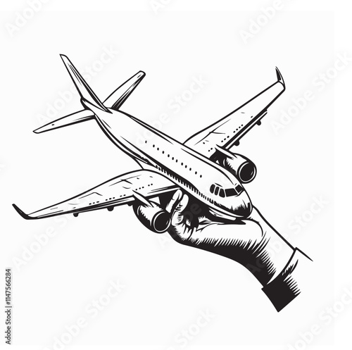 Hand holding toy airplane image vector isolated on white background.