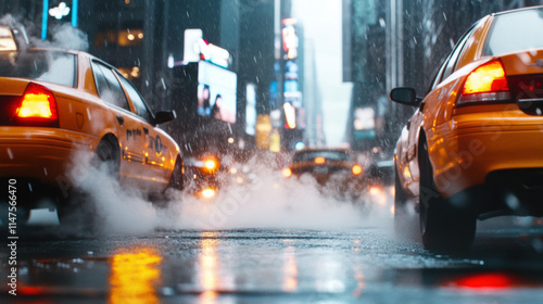 Rainy night in new york city with yellow cabs and neon lights