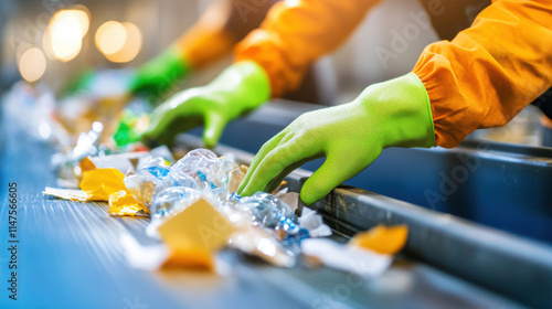 Workers sorting recyclable materials on conveyor belt in recycling plant