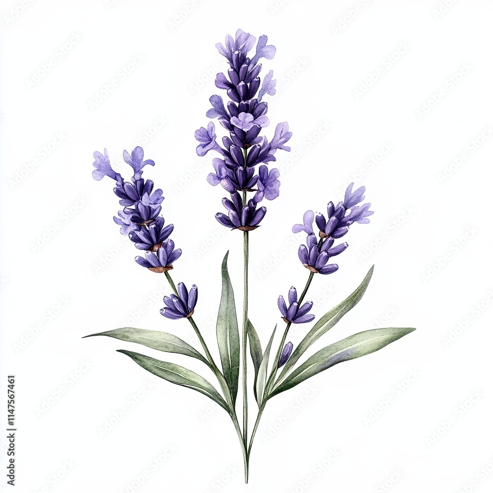 Obraz premium Watercolor Lavender Branch with Green Leaves, Delicate watercolor illustration of a lavender branch featuring purple flowers and lush green leaves, isolated on a white background.