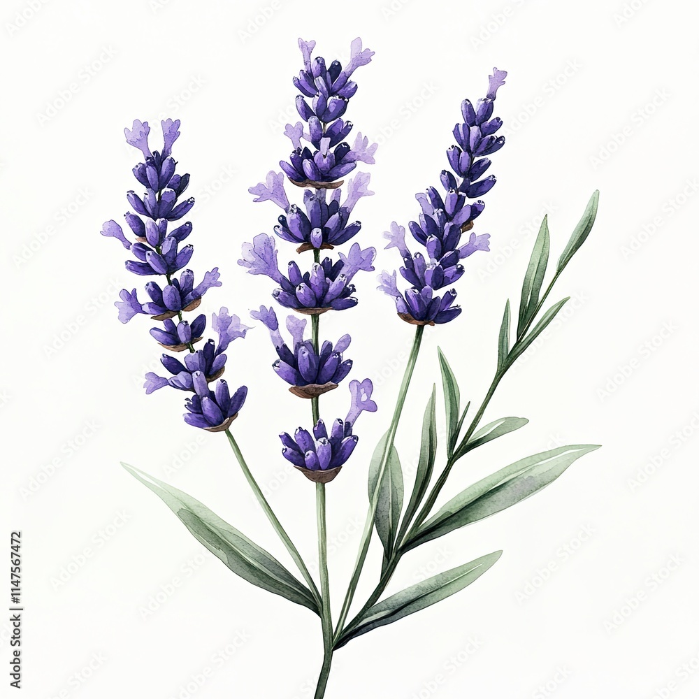 Obraz premium Watercolor Lavender Branch with Green Leaves, Delicate watercolor illustration of a lavender branch featuring purple flowers and lush green leaves, isolated on a white background.