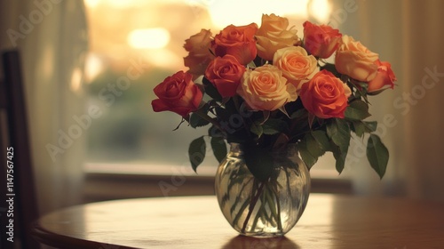 Wallpaper Mural A bouquet of orange and yellow roses in a glass vase on a wooden table by a window at sunset. Torontodigital.ca