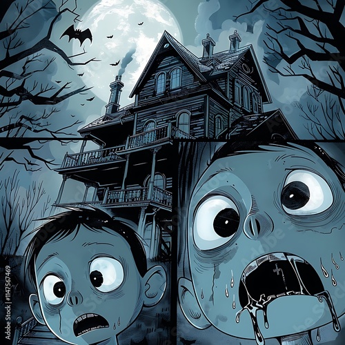 Haunting adventure of two boys abandoned mansion comic style spooky night frightening discovery photo