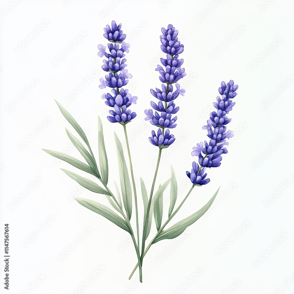 Obraz premium Watercolor Lavender Branch with Green Leaves, Delicate watercolor illustration of a lavender branch featuring purple flowers and lush green leaves, isolated on a white background.