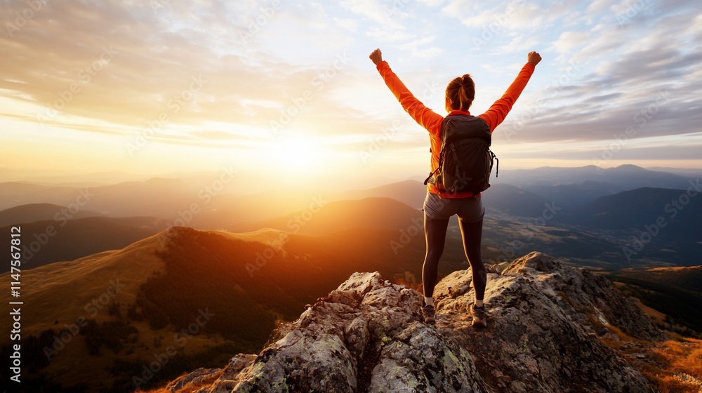Hiker celebrating a sunset view on a mountain peak. Hiker celebrating a sunset view on a mountain peak.