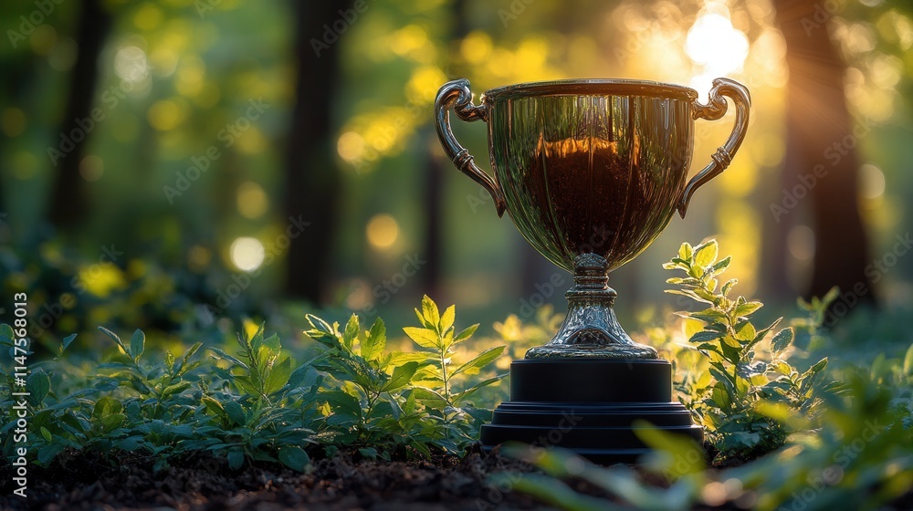 A gleaming trophy sits amidst lush greenery, symbolizing achievement and success in a serene outdoor setting. A gleaming trophy sits amidst lush greenery, symbolizing achievement and success in a serene outdoor setting.
