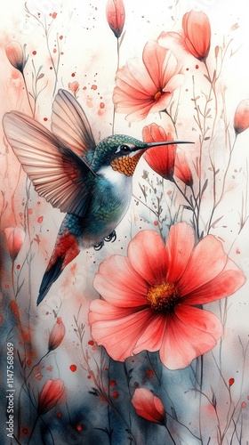 A vibrant hummingbird hovers among delicate pink flowers, showcasing nature's beauty and intricate details.