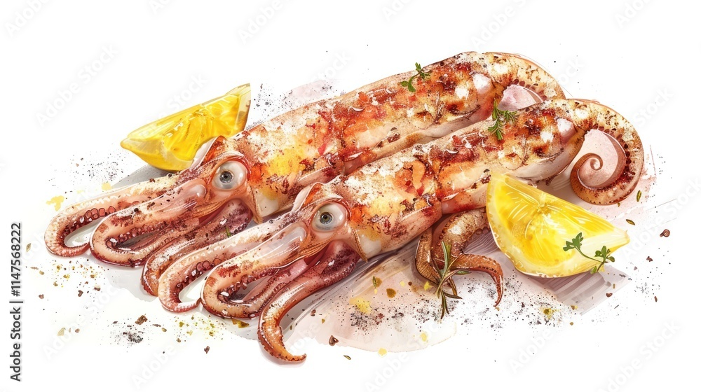 Closeup of a beautifully presented octopus dish featuring tender octopus tentacles seasoned with spices and garnished with a fresh lemon slice Closeup of a beautifully presented octopus dish featuring tender octopus tentacles seasoned with spices and garnished with a fresh lemon slice