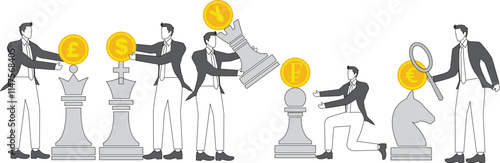 Business and Economic Strategies, Global Currency Transactions and Competition, Plans and Objectives for Winning Business Competitions, Chess and Global Currencies on a Group of Businessmen in Busines