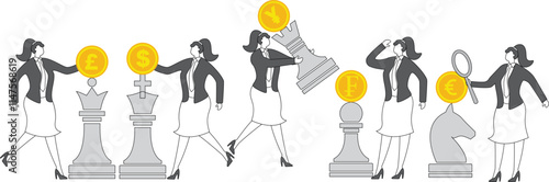 Business and Economic Strategies, Global Currency Transactions and Competition, Plans and Objectives for Winning Business Competitions, Chess and Global Currencies on a Group of Businesswomen in Busin