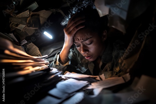 A person overwhelmed by paperwork in a dimly lit space.