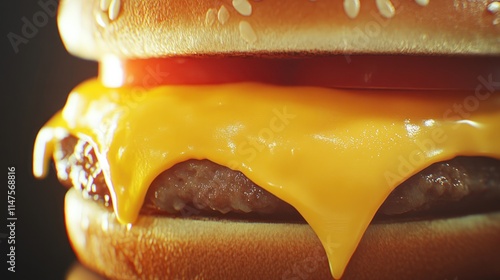 Close-up of a cheeseburger with melted cheese dripping down. photo