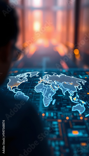 Illustration of the global cooperation required to combat cybercrime, blurry foreground, with white tones