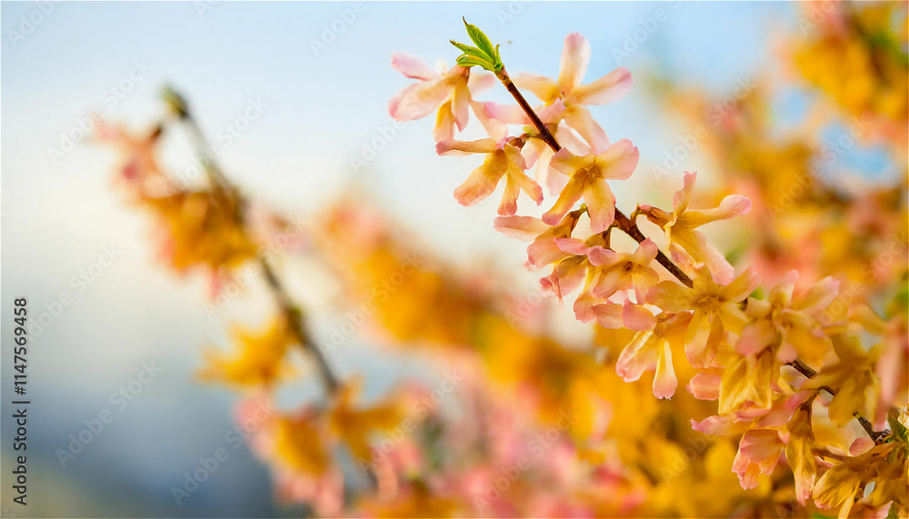 맑은 푸른 하늘을 배경으로 봄에 피어나는 활기찬 개나리꽃을 클로즈업 촬영한 사진입니다. 