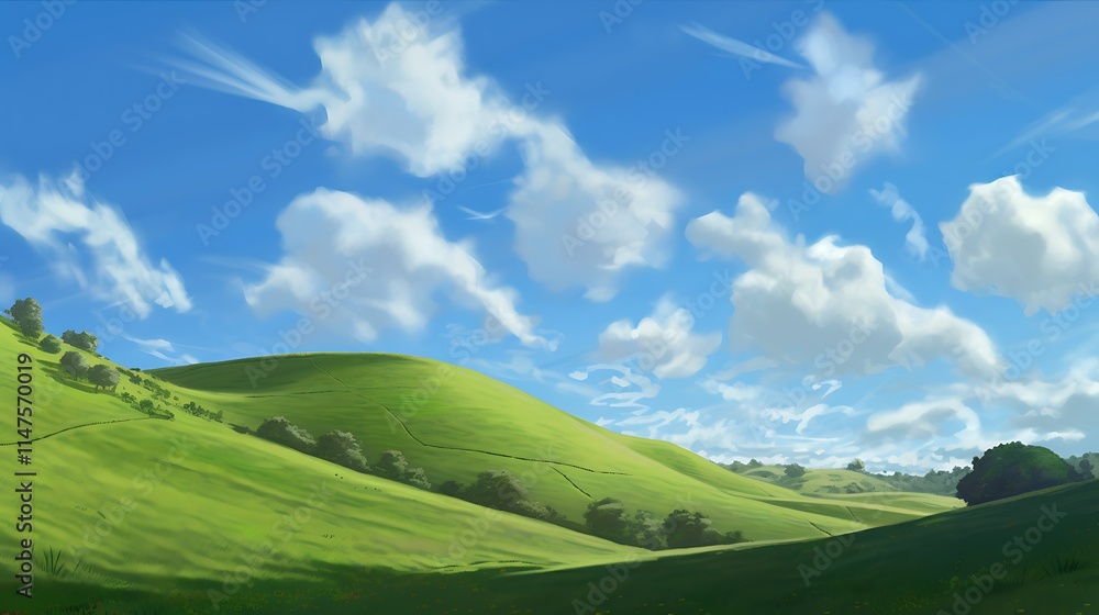 Lush green rolling hills under a vibrant blue sky with fluffy white clouds. Lush green rolling hills under a vibrant blue sky with fluffy white clouds.