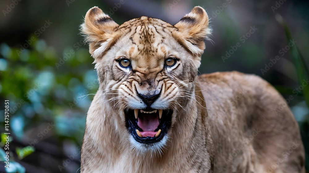 Obraz premium Aggressive Lioness Roaring in the Wild
