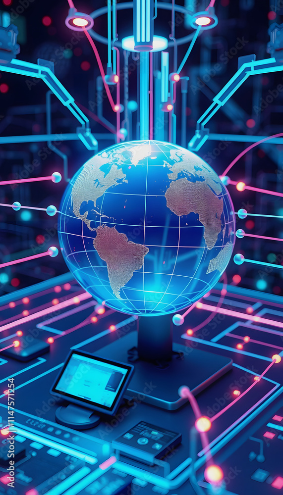 Fototapeta premium Global network. Virtuality in cyberspace. HUD. Digital technologies of future. Telecommunications 3D illustration, papercraft, with white tones